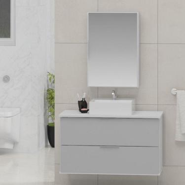 Imagem de Gabinete Banheiro 80cm com Cuba Sobrepor e Espelheira Rubi Gabinetes Joia Branco/Cinza