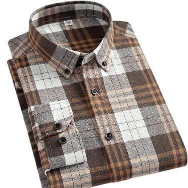Imagem de ZMIN Camisetas casuais primavera outono roupas masculinas manga longa xadrez camisa masculina xadrez camisa masculina manga longa, Malha cáqui profundo, M