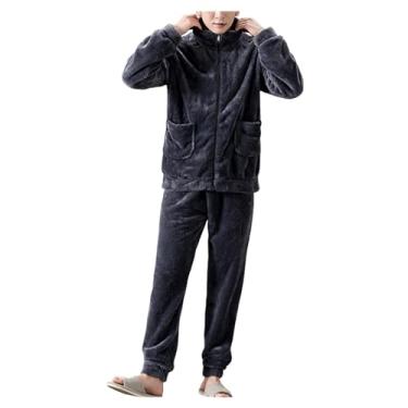 Imagem de Conjunto de pijama masculino de flanela de cor sólida, conjunto de pijama com zíper, conjunto de 2 peças, Cinza escuro, G