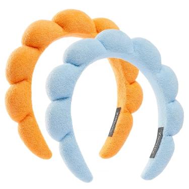 Imagem de Ztomine Conjunto de 2 faixas de cabelo de spa, conjunto de 2 faixas de cabelo de tecido felpudo para lavagem facial, conjunto de bandanas de maquiagem inchadas para lavar o rosto, máscara (azul +