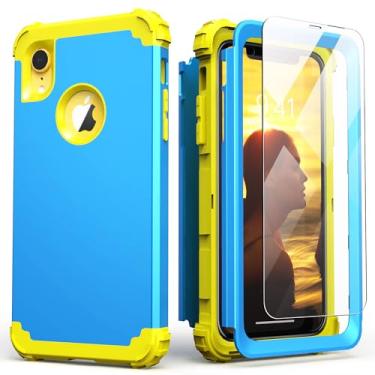 Imagem de IDweel Capa para iPhone XR, capa para iPhone XR com protetor de tela (vidro temperado), 3 em 1 à prova de choque, capa híbrida resistente de policarbonato rígido, capa de silicone macio, azul celeste/amarelo