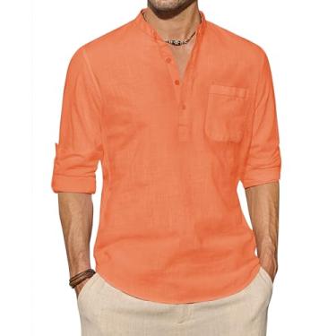 Imagem de J.VER Camisas masculinas de linho de algodão casual manga longa Henley camiseta hippie praia tops férias camisetas com bolso, Laranja, 3G