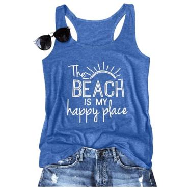 Imagem de Regata feminina vintage de praia com costas nadadoras, verão, verão, pôr-do-sol, areia, sem mangas, caimento básico, camiseta, B - azul 1, G