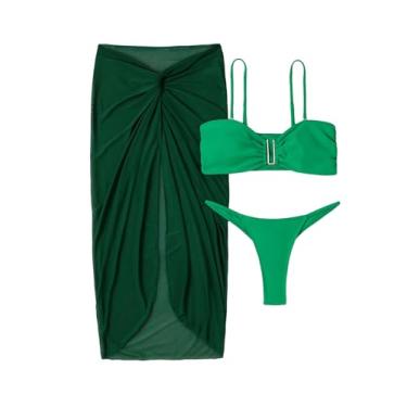 Imagem de OYOANGLE Conjunto de biquíni feminino de 3 peças, biquíni com fio V, saia de praia torcida, Verde liso, G
