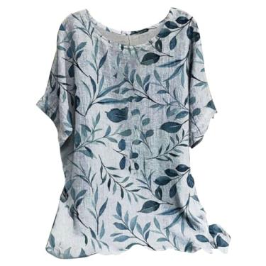 Imagem de Camisetas femininas de linho com estampa de folhas grandes gola redonda ajuste solto básico leve roupas para sair, Azul, GG