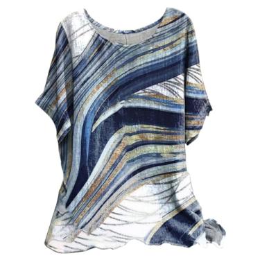 Imagem de Camisetas femininas de linho com estampa de folhas grandes gola redonda ajuste solto básico leve roupas para sair, Azul escuro, 3G