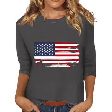Imagem de Camisetas femininas de 4 de julho com bandeira americana do Dia da Independência, casual, patriótica, Memorial Day, blusa de manga 3/4, Cinza, M