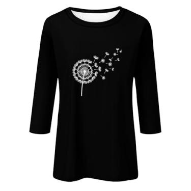 Imagem de Túnica feminina de manga 3/4, estampa floral, casual, gola redonda, caimento solto, camisetas de trabalho, Preto, 5G