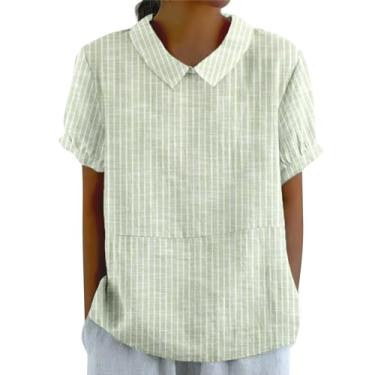 Imagem de Camisetas femininas com gola de linho para verão, casual, retrô, listradas, estampadas 2024, blusas estilosas para sair, túnicas, Ag, 3G