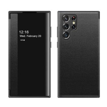Imagem de Janela flip capa de couro para samsung galaxy s24 s23 ultra s22 s21 plus luxo 360 corpo inteiro à prova de choque proteger capa, preto, para s22 ultra