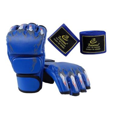 Imagem de YIJU Luvas de boxe de meio dedo, luvas de luta de boxe, envoltório de mão para homens e mulheres, luvas de mma, luvas de sparring para luta, saco de, azul