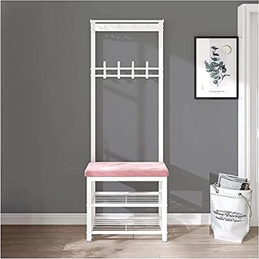 Imagem de Banco de entrada com cabideiro, banco de armazenamento de árvore 3 em 1, cabideiro, banco de sapatos com ganchos, sapateira, almofada de veludo, fácil de montar