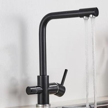 Imagem de Torneira de cozinha com filtro para água potável Torneira de cozinha montada no deck Alças duplas Misturador de água quente e fria, preto com ponto