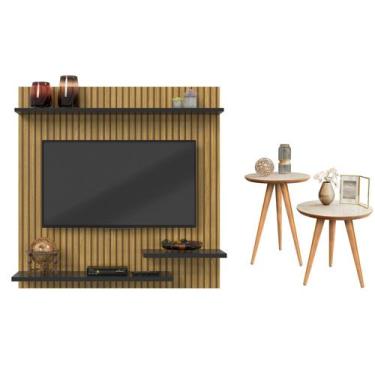 Imagem de Painel Ripado Tv 32" Madri Cor Ripado/Preto + Kit Mesa Apoio e Lateral