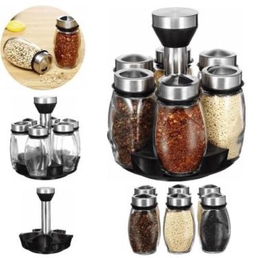 Imagem de Kit 6 Porta Tempero Condimento Vidro Suporte Giratório Inox Cozinha Po