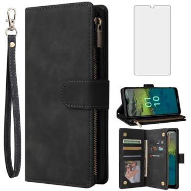 Imagem de Asuwish Compatível com Nokia C110 capa carteira protetora de tela de vidro temperado e capa flip de couro suporte para cartão acessórios de celular TPU Kickstand capas de telefone para C 110 4G N156DL