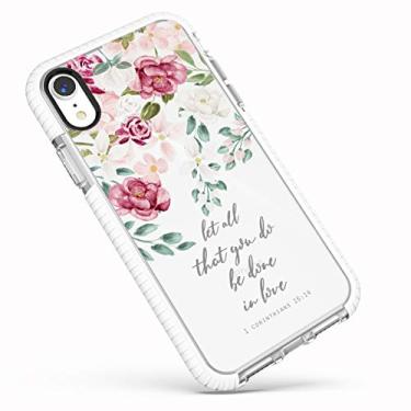 Imagem de Capa para iPhone XR, estampa de rosas vermelhas e rosas inspiradoras versículos bíblicos citações cristãs Corinthians 16:14 capa protetora macia com design transparente para meninas e mulheres