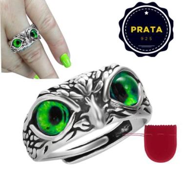 Imagem de Anel Prata 925 Coruja Sabedoria Olho Verde Ajustável - PJK STORE