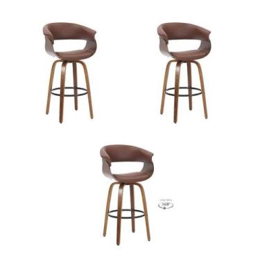 Imagem de Kit 3 Banquetas Betim Marrom PU Base Madeira - Rivatti