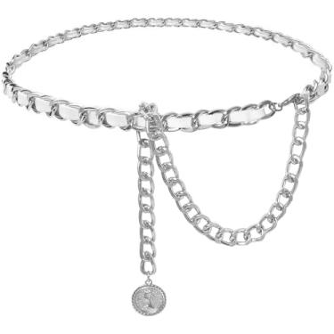 Imagem de Liutufy Cintos femininos modernos de tecido flocado em camadas corrente de cintura de metal para colete social jeans, S: 35.4 in/90 cm, Metal não precioso