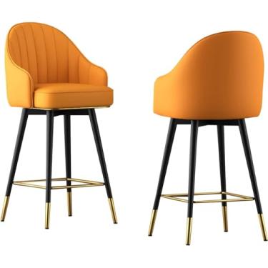 Imagem de Banquetas giratórias de 2 peças com suporte para as costas, banquetas de couro PU para balcão de cozinha para pub bistrô, altura sentada 65 cm/75 cm (cinza alto: 75 cm), laranja, alta: 65 cm