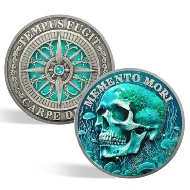 Imagem de CHURYUML Moeda Memento Mori Carpe Diem Moedas Inspirador Estoico Lembrete Token para Meditação Estóica Diária Crânio Desafio Moeda Legal Presentes Coragem Preocupação Moedas