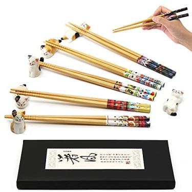 Imagem de M MUGIT - Conjunto de 5 Pairs Hashi (Chopsticks) e Resto de Hashi com 6 Gatos de Sorte (Lucky Cats) de Bambu, Marrom Claro, Adequado para Máquina de Lavar Louça