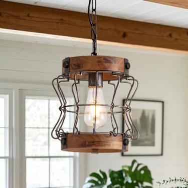 Imagem de 7PMBEANE Lustre De Fazenda, Luminárias Rústicas De Madeira E Metal, 1 Luminária, Gaiola Redonda, Pendente, Altura Ajustável, Luz Industrial Suspensa Para Ilha De Cozinha, Corredor, Bar, Sala De Jant