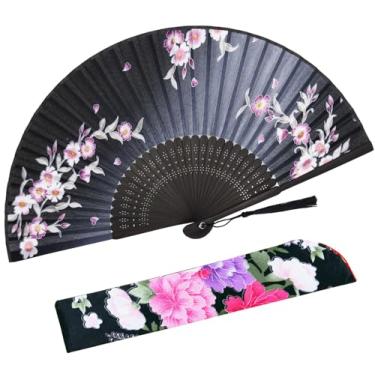 Imagem de STHUAHE Ventilador portátil para mulheres, dobrável, chinês, japonês, vintage, bambu, seda, leques dobráveis para decoração de igreja de casamento, festival de música de dança (preto-vermelho)