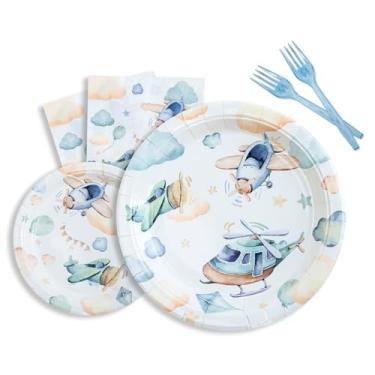 Imagem de Decorações de festa de avião – Conjunto de talheres de festa com tema de avião, inclui pratos, garfos, guardanapos para lembrancinhas de aniversário de aviação, chá de bebê | Serve 24