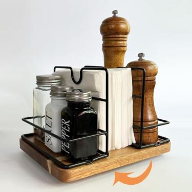 Imagem de Porta-guardanapos para mesa de cozinha, dispensador de guardanapo vertical de madeira giratório que pode conter sal e pimenta, suporte de guardanapo rústico para decoração de mesa de jantar de cozinha