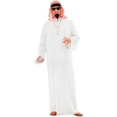 Imagem de Fantasia Arabe Masculina Tunica Branca de Sheik Mulcumano com Tunica Xadrez Vermelha pra Adulto (Branco, P 38-40)