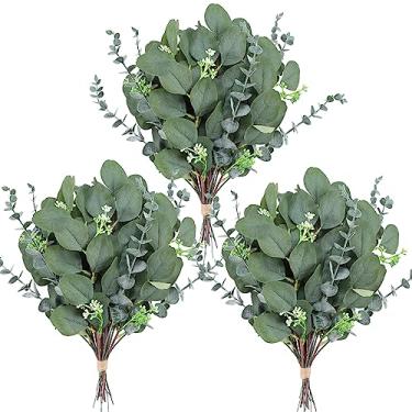 Imagem de 60 peças de folhas artificiais de eucalipto artificiais caules de eucalipto decoração verde prata dólar folhas de eucalipto ramos de plantas falsas sementes de eucalipto hastes de vegetação para arranjos de flores de casamento casa, 3 tipos