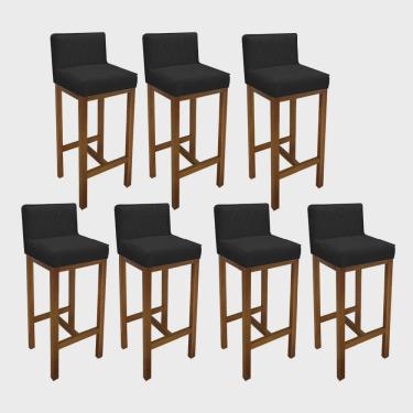 Imagem de Kit 07 Banqueta Alta Com Encosto Loren Cozinha Balcão Bistrô Base Madeira Castanho Corino Preto - Ahz Móveis