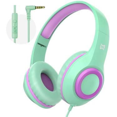 Imagem de Mevoix Fones de ouvido infantis com microfone HD, limite de volume de 85/94 dB, fones de ouvido infantis leves com almofadas confortáveis, design dobrável, estéreo e qualidade de som premium para