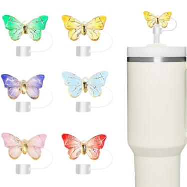 Imagem de Tampa de palha, 6 peças de topo de palha para copo Stanley, compatível com copos de 850 g e copos de 1,134 g, acessórios de silicone reutilizáveis de 10 mm, presentes ideais para amigos (Butterfly B)