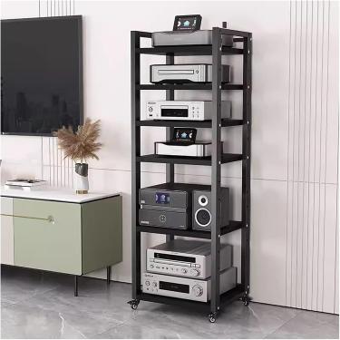 Imagem de Cabinete de mídia de áudio de prateleira de áudio com prateleira e rodízios ajustáveis ​​em altura, componentes estéreo de entretenimento da sala de estar, rack para pequeno espaço, preto-#2