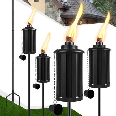 Imagem de FALBAWR Conjunto de 4 tochas de citronela, tochas de jardim de 473 g para uso externo, estaca aterrada de 3 garras tochas externas, lanterna decorativa de 147 cm, preta