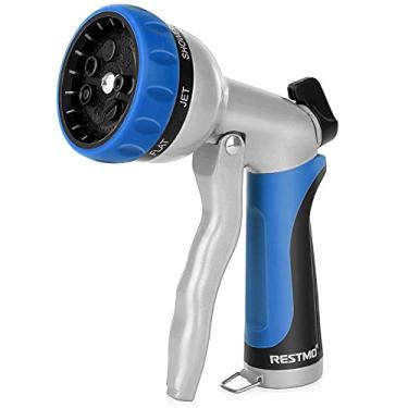 Imagem de RESTMO Bocal de mangueira de jardim, bocal de mangueira de água de metal resistente com 7 padrões de pulverização ajustáveis, pulverizador manual de alta pressão com controle de fluxo, melhor para