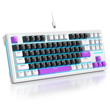 Imagem de Mosptnspg Teclado mecânico com fio 80% TKL, suporte de junta retroiluminada RGB, 87 teclas, interruptor linear personalizado, teclado para jogos com teclas PBT (preto e roxo)