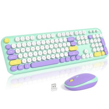 Imagem de Atelus Combo de teclado e mouse sem fio, USB 2,4 GHz, teclado de máquina de escrever tamanho completo com teclado numérico e mouse colorido para escritório, computador, desktop, laptop, Windows 7, 8 e