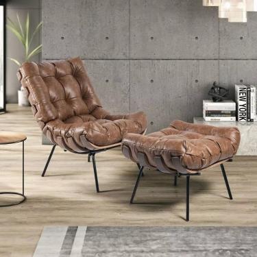 Imagem de Kit Poltrona Decorativa Em Costela E Puff Couro Marrom