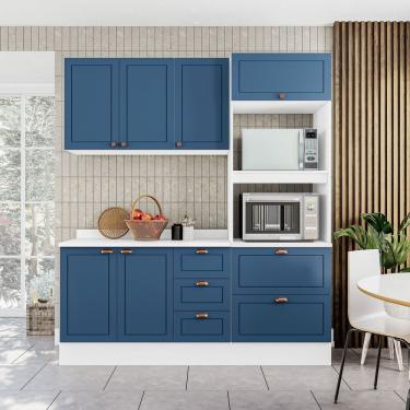 Imagem de Cozinha Pérola Com Rodapé E Tampo 3 Peças Aéreo 3 Portas E Balcão 2 Gavetas 3 Portas E Torre Quente Branco-azul