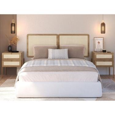 Imagem de Conjunto Cabeceira Casal 160cm E 2 Mesas De Cabeceira 2 Gavetas Pé Metal Palhinha Oslo Hanover/dourado