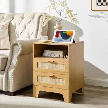 Imagem de Duryarhall Criado-Mudo De Vime Natural, Cômoda Com 2 Gavetas, Mesa Cabeceira, Lateral Para Quarto, Sala Estar