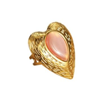 Imagem de Anel de declaração de coração de cristal para mulheres olho de gato pedra amor corações texturizados anel de aço inoxidável aberto ajustável anéis eternidade alianças de casamento joias, Adjustable