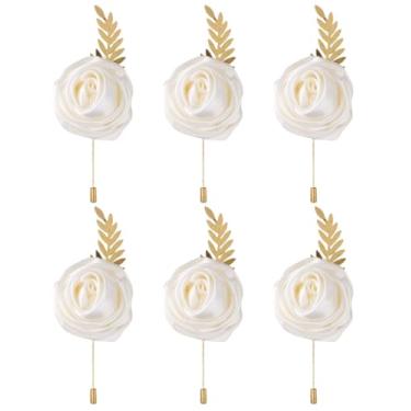 Imagem de Terno masculino rosa de seda sintética, flor artificial e broche de folhas douradas, alfinete de lapela para noivo padrinho, casamento, baile, baile, festa, 12-Pack, Poliéster, Sem Pedra Preciosa