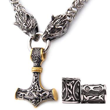 Imagem de GUNGNEER Thor's Martelo Pingente Misturado de Ouro Cor Viking Mjolnir Colar para Homens com Cabeça de Lobo, 316L Bônus de Aço Inoxidável 2 Contas de Rune