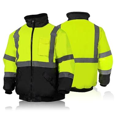 Imagem de Jaqueta de segurança masculina FONIRRA Hi-Viz com forro refletivo, impermeável 100% poliéster, ANSI Classe 3, jaqueta bomber com zíper completo (amarelo, M)