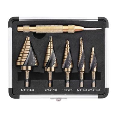 Imagem de AIMLENTOOL conjunto de broca escalonada de cobalto, broca escalonada de haste hexagonal com punção central automática para metal, aço inoxidável, alumínio, madeira e plástico, armazenamento